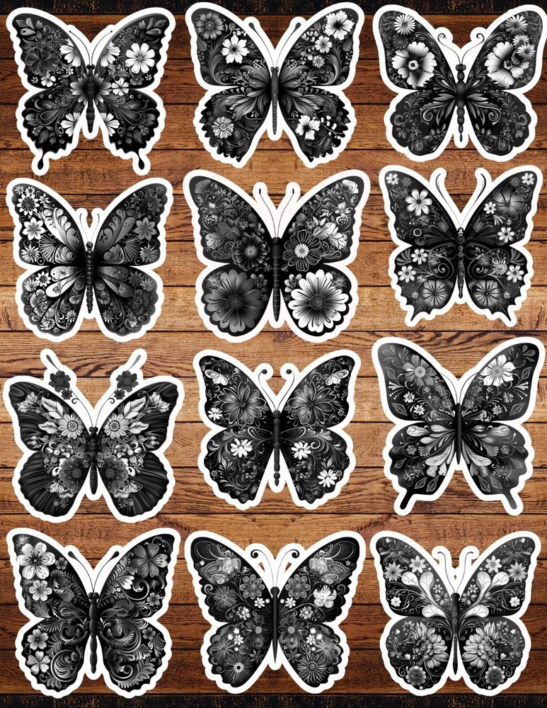 Black and White Butterfly Die Cut Stickers Set Scrapbooking Laptop Waterbottle