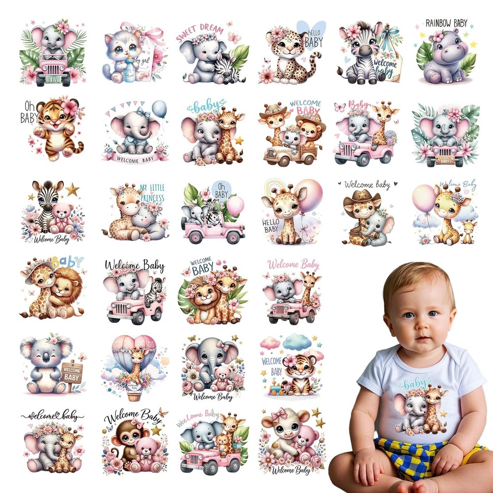 Falueqg DTF Transfers 30Pcs Pink Forest Animal Baby Shower Iron-On Ready To Pres