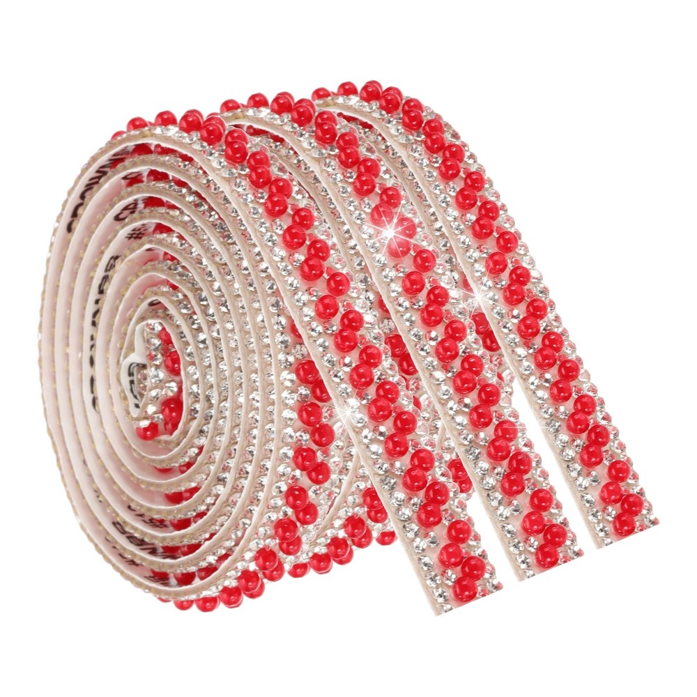 3 Pcs 3 Yard Pearl Rhinestone Ribbons, 1cm Pearls Rhinestone Tape Red