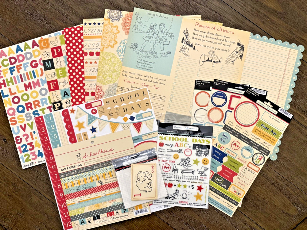October Afternoon: «Schoolhouse» 1,2,3’s – 8×8 Paper Pads + Embellishments