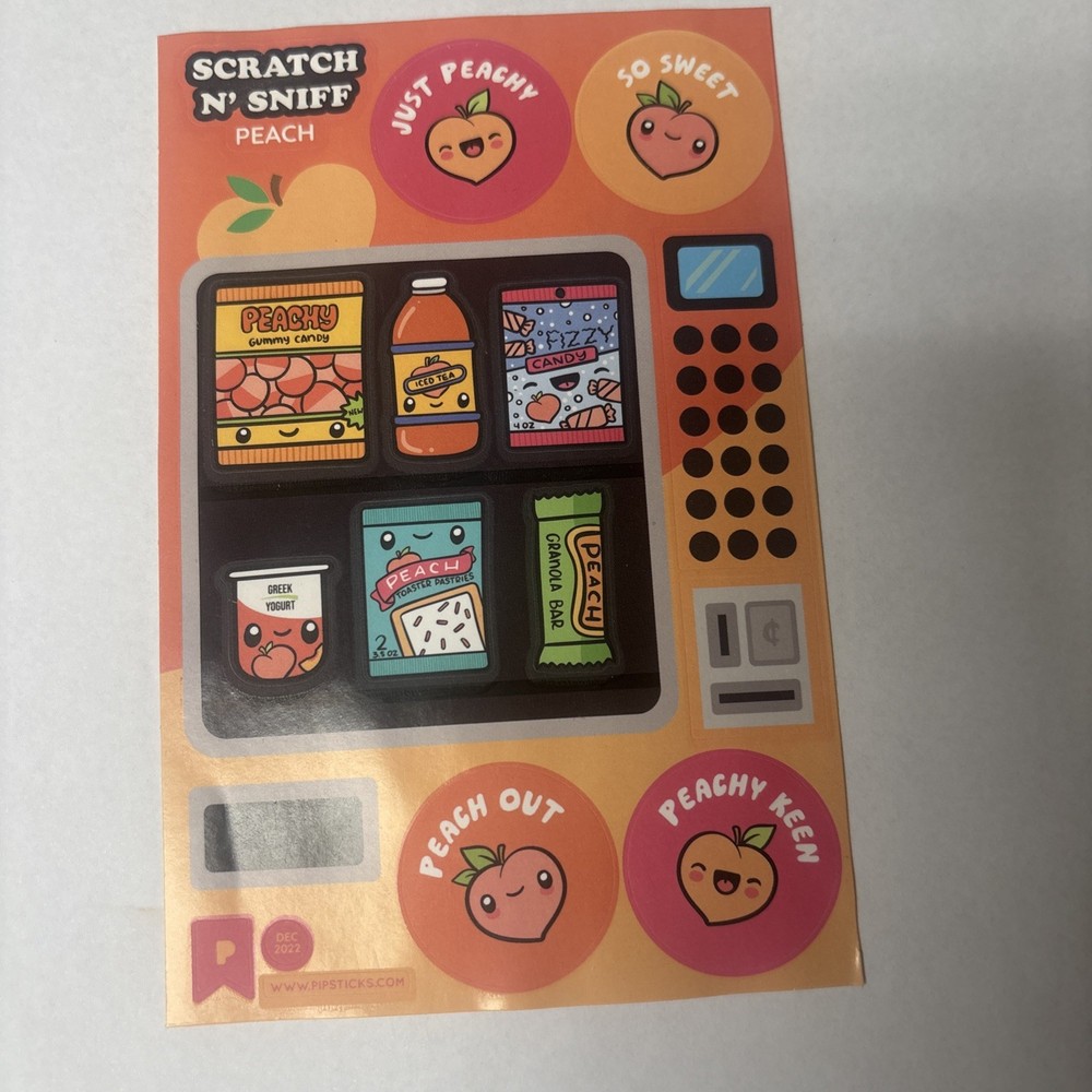 Pipsticks Scratch N Sniff Peach Stickers Sheet Scented Vending machine Dec 2022