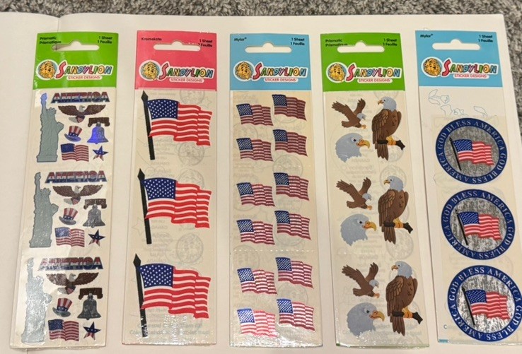 VINTAGE 90s Y2K NOS Sandylion Stickers Lot (5) USA Flag Bald Eagles Prismatic