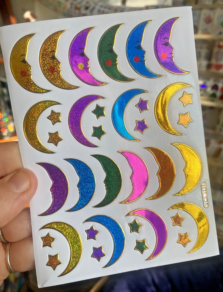 Sparkle Retro Moon and Stars Sticker Sheet (1 Sheet, 4×5 In)