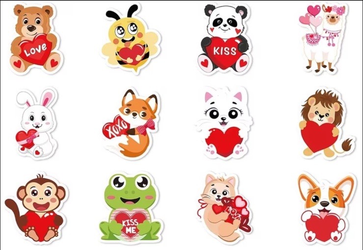 40 PCs ~1×1.5” Valentines Day Stickers Animals Holding Hearts Lion Panda Dog Cat
