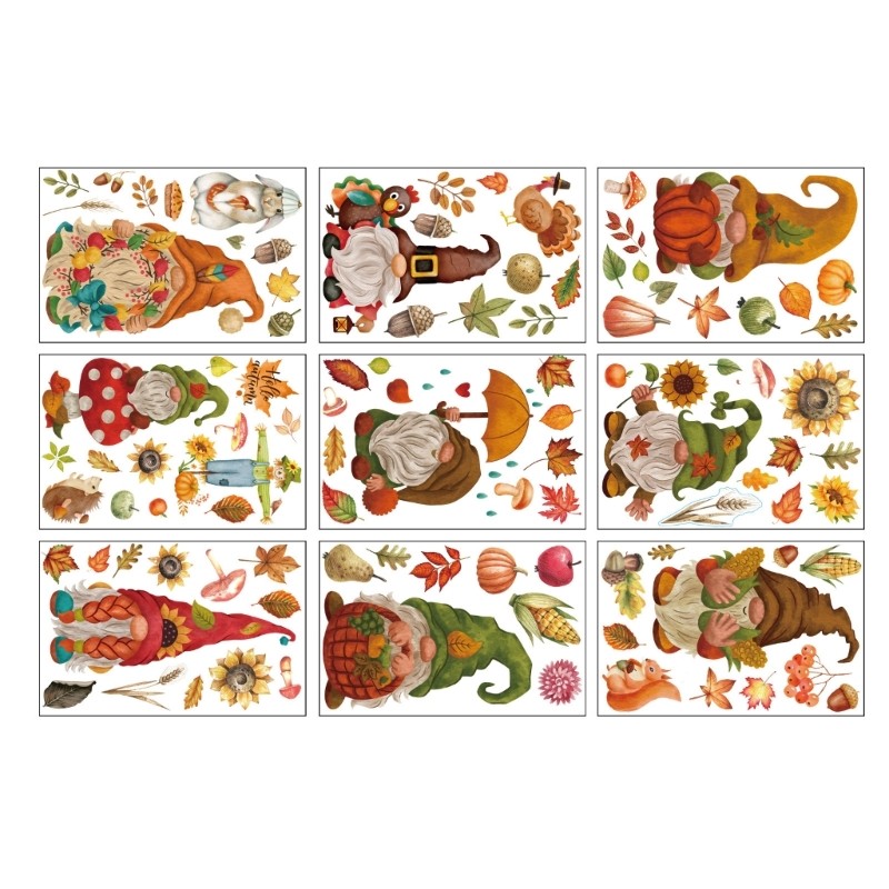 9 Sheets Autumn Maple Leaf Pumpkin Gnome Window Stickers PVC Fall Window Decals