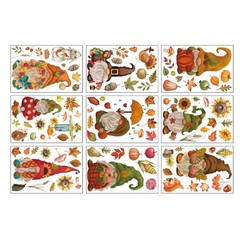 9 Sheets Autumn Maple Leaf Pumpkin Gnome Window Stickers PVC Fall Window Decals