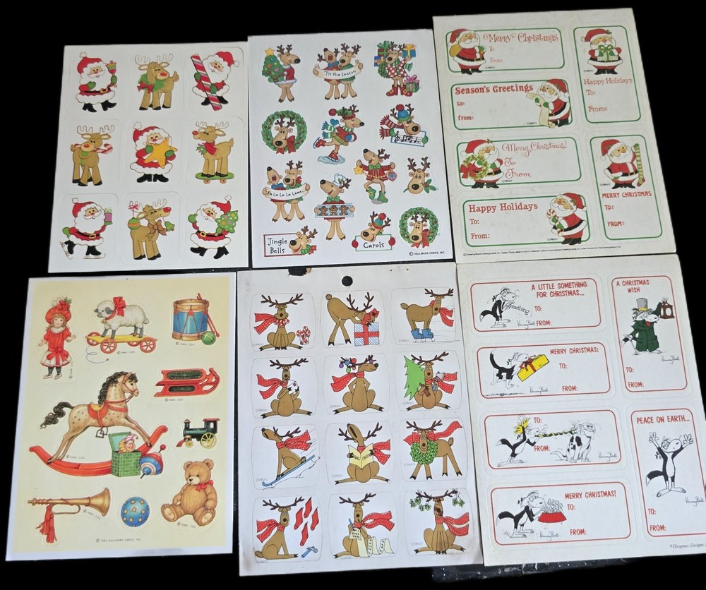 Vintage Sticker Lot Christmas Tags 6 Sheets AGC,Gibson Hallmark, Footrot Flat