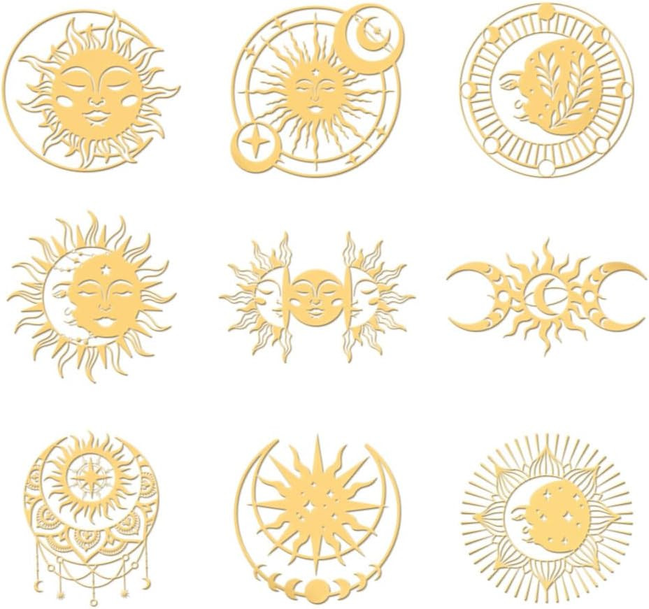 9Pcs 1.6X1.6 Inch Sun and Moon Metal Stickers Star Leaf Self Adhesive Gold Stick