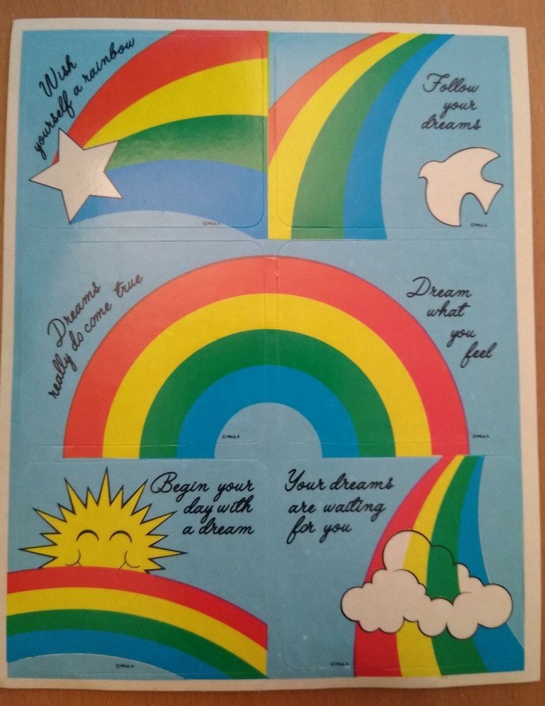 Vintage 80s RAINBOWS Stickers by Paula sun, cloud, star words rainbow stick ons