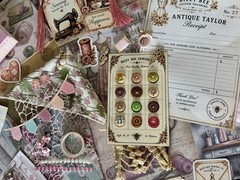 Vintage Sewing Junk Journal Kit Handmade Ephemera Stickers Tags Fabric 108 Piece