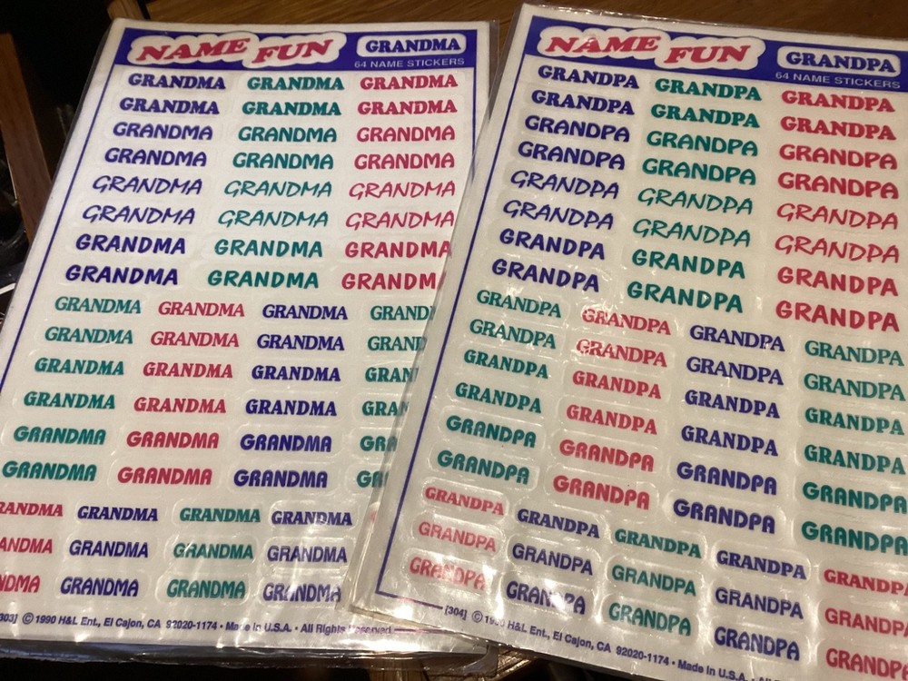 1990’S NAME FUN STICKERS GRANDPA AND GRANDMA ONE UNOPENED PACKAGE OF EACH