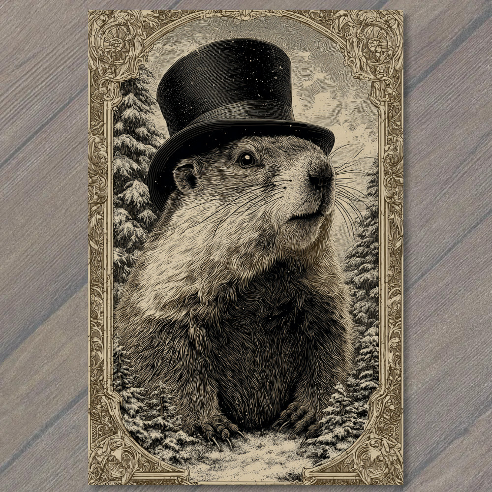 STICKER Groundhog Top Hat Snow Forest Fancy Winter Critter Portrait Frame