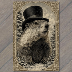 STICKER Groundhog Top Hat Snow Forest Fancy Winter Critter Portrait Frame