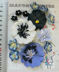 BLUE WHITE & BLACK Mix – 12 Paper & 1 Satin Flower – 5 Styles 15-50mm across VD3