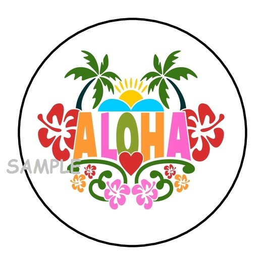 30 ALOHA ENVELOPE SEALS LABELS STICKERS 1.5″ ROUND BEACH LUAU