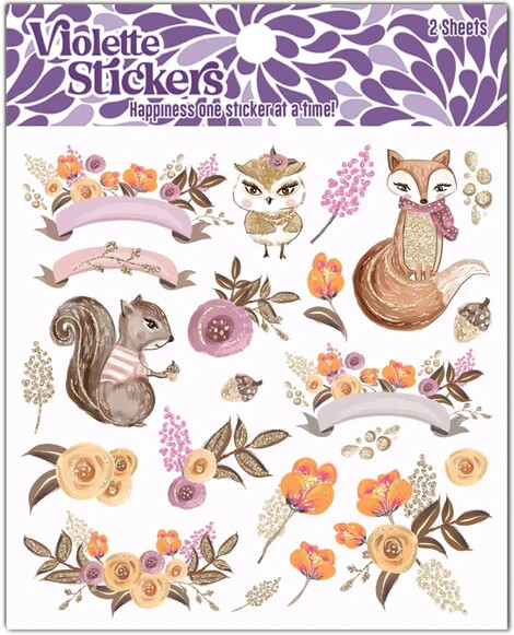 Violette Stickers 2 Sheets Woodland Animals Squirrel Fox Owl Orange Flowers