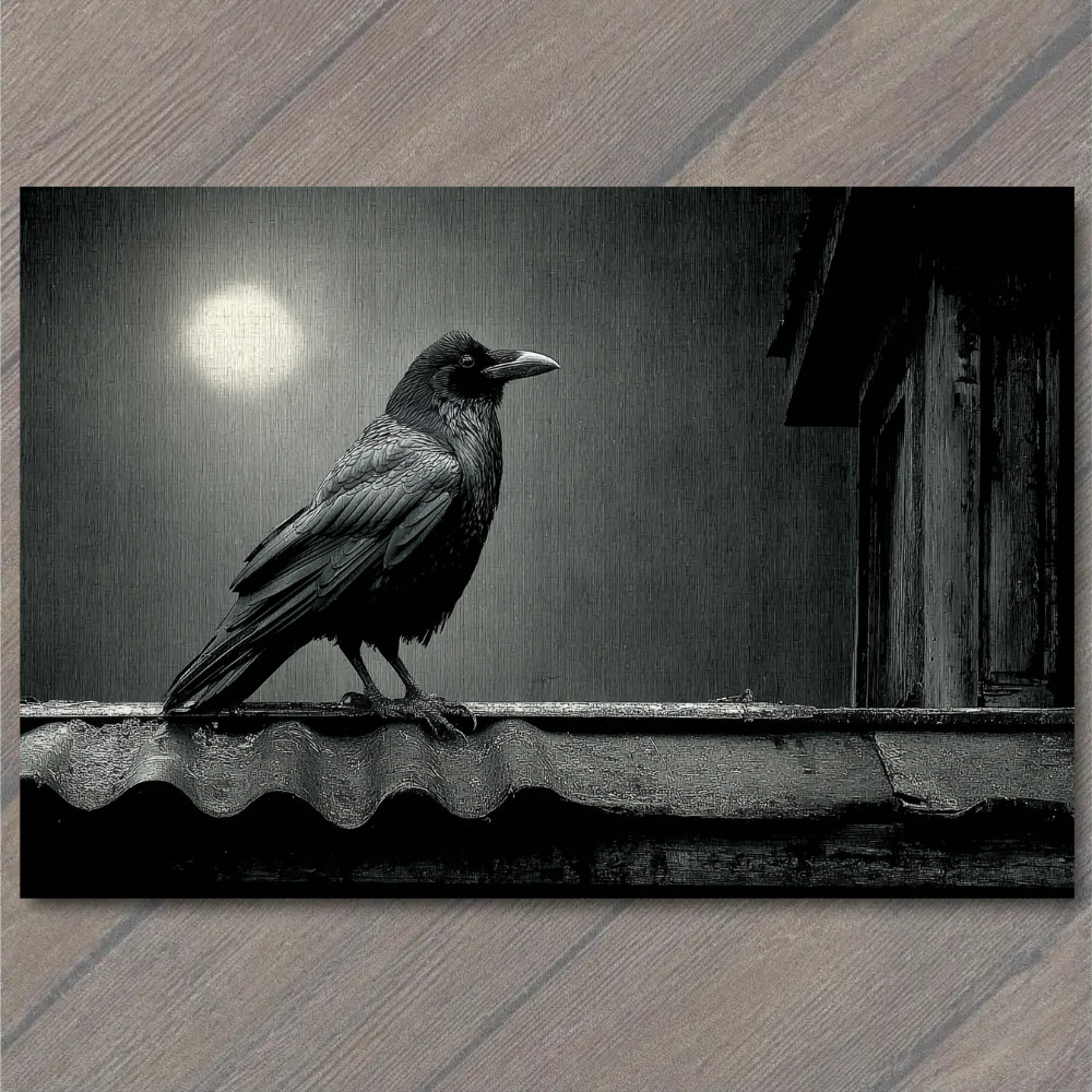 STICKER Raven Moonlit Roof Perched Crow Gothic Nocturnal Bird Night Shadows