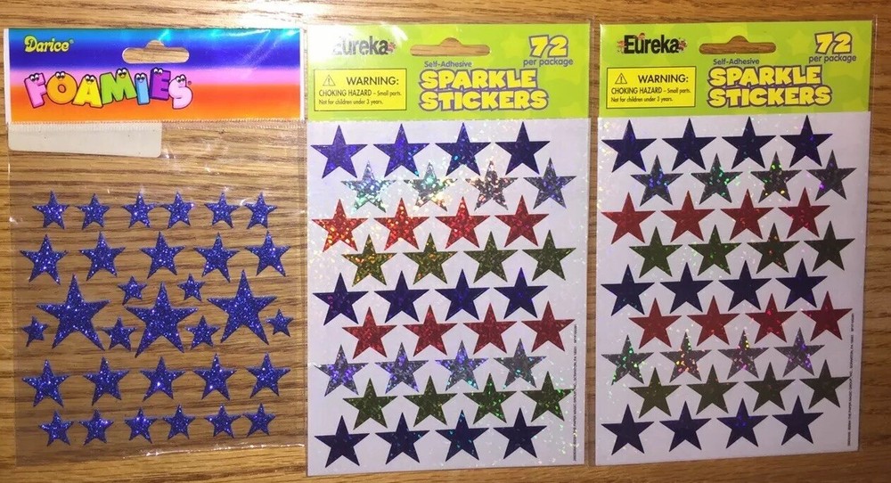 Lot Of 3 Eureka Colorful Sparkle STARS & Darice Foamies Star Stickers Scrapbook