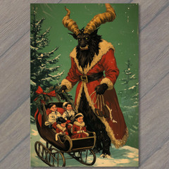 STICKER Krampus Sledding Kids Winter Christmas Horror Retro Holiday Creepy