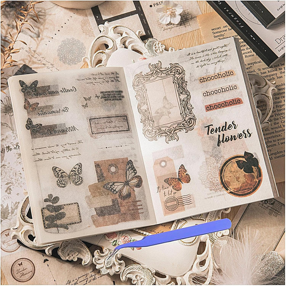 40 Sheets A6 Vintage Washi Stickers for Adults, Retro Butterfly Stickers with S