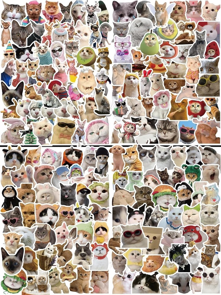 200 Pcs Cute Cat Stickers for Water Bottles, Kawaii Vinyl Cat Meme Pack, Glossy