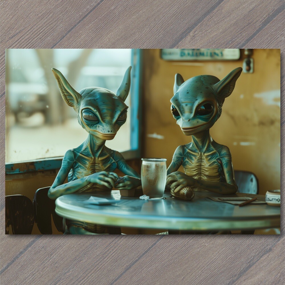 STICKER Alien Casual Cafe Sitting Normal Everyday Mundane Restaurant Strange