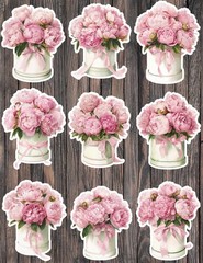 Peony Flowers in a Vase Vinyl Stickers Set Scrapbooking Laptop Water Bottle