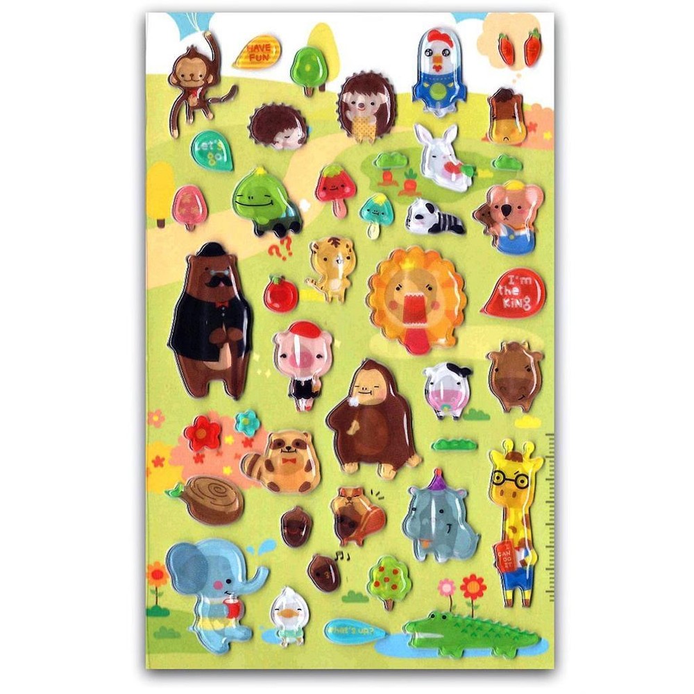 CUTE ANIMAL FRIENDS GEL STICKERS Kids Craft Scrapbook Raised Sticker Sheet