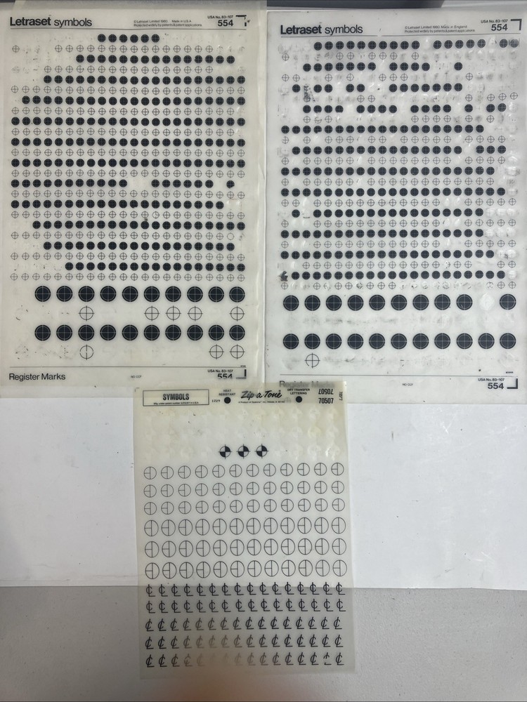 Letraset And Zip A Tone Symbols – Register Marks 70507, 554 – 3 Partial Sheets