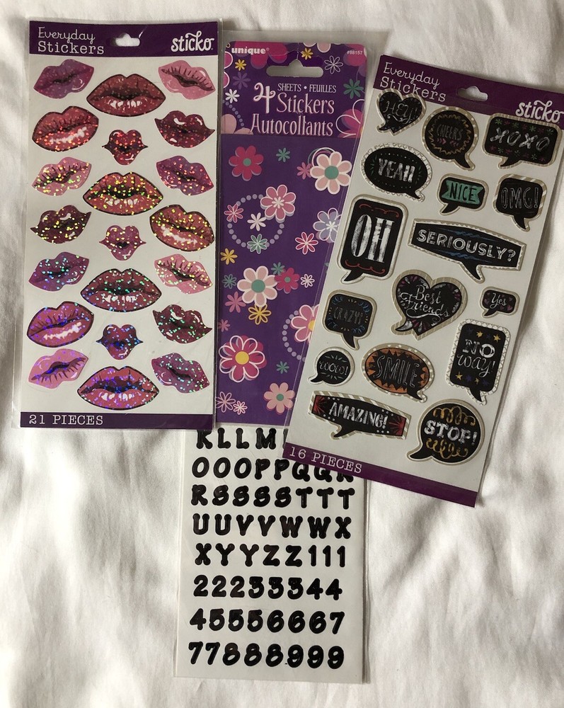 NEW Lot Of 4 Packages Of Stickers Metallic Kisses Lips Alphabet Flowers Sayings