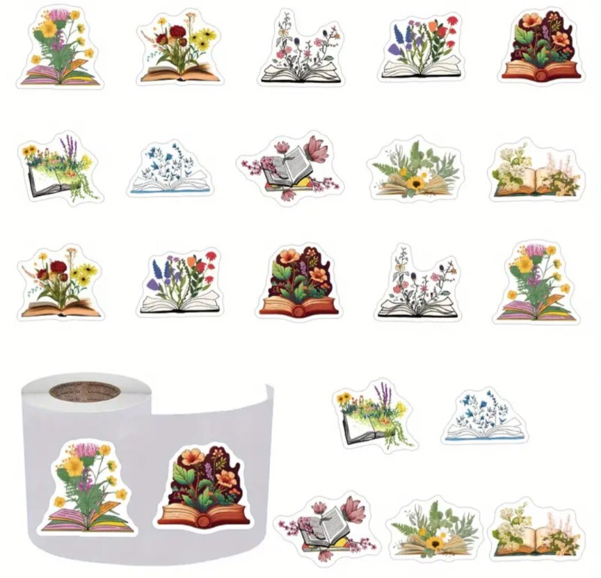 500 pc Sticker Seal Roll Flower Book Floral Reading Semi Gloss Self Adhesive NEW