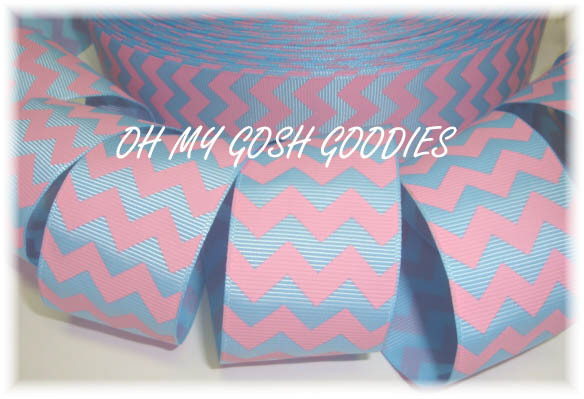 1.5 EASTER BABY BLUE PINK CHEVRON ZIG ZAG STRIPE GROSGRAIN RIBBON 4 HAIRBOW BOW