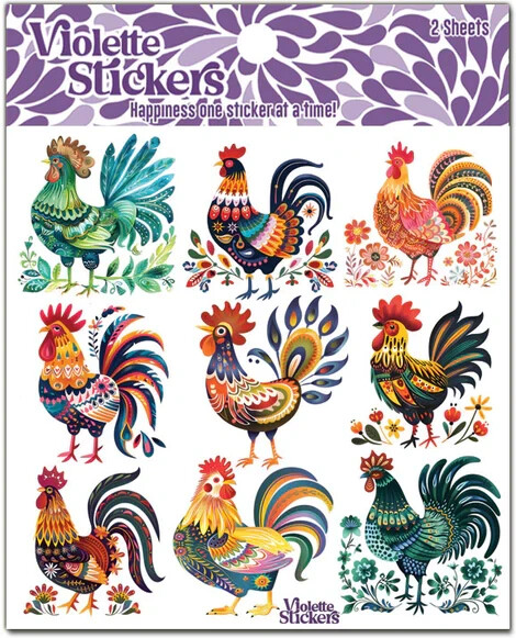 Violette Stickers 2 Sheets Colorful Roosters Whimsical Patterns Rooster