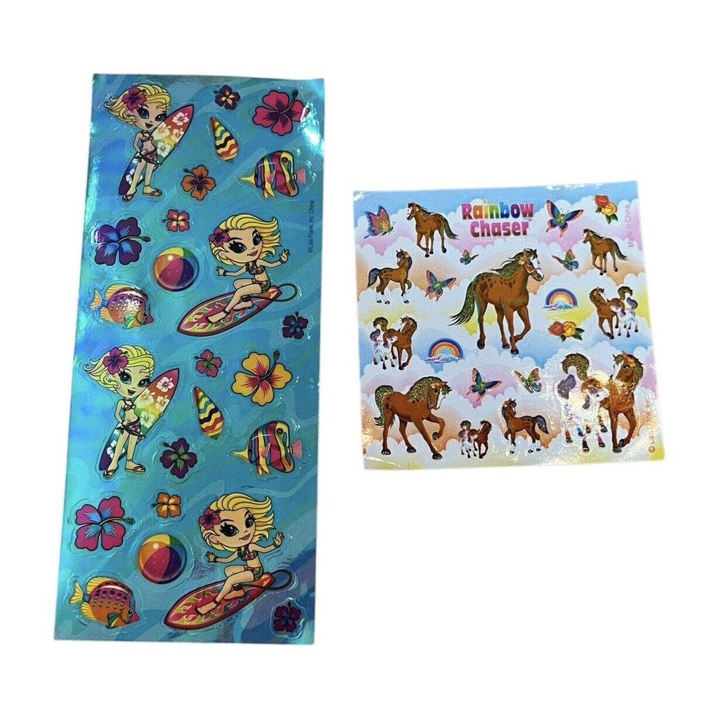 Vtg LISA FRANK 90s 2 FULL SHEET Brown Horse RAINBOW CHASER & Beach Girl Surfer