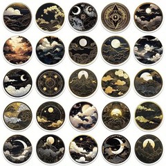 50pc Black Golden Celestial Sticker Pack, Vintage Night Sky Laptop & Scrapbook