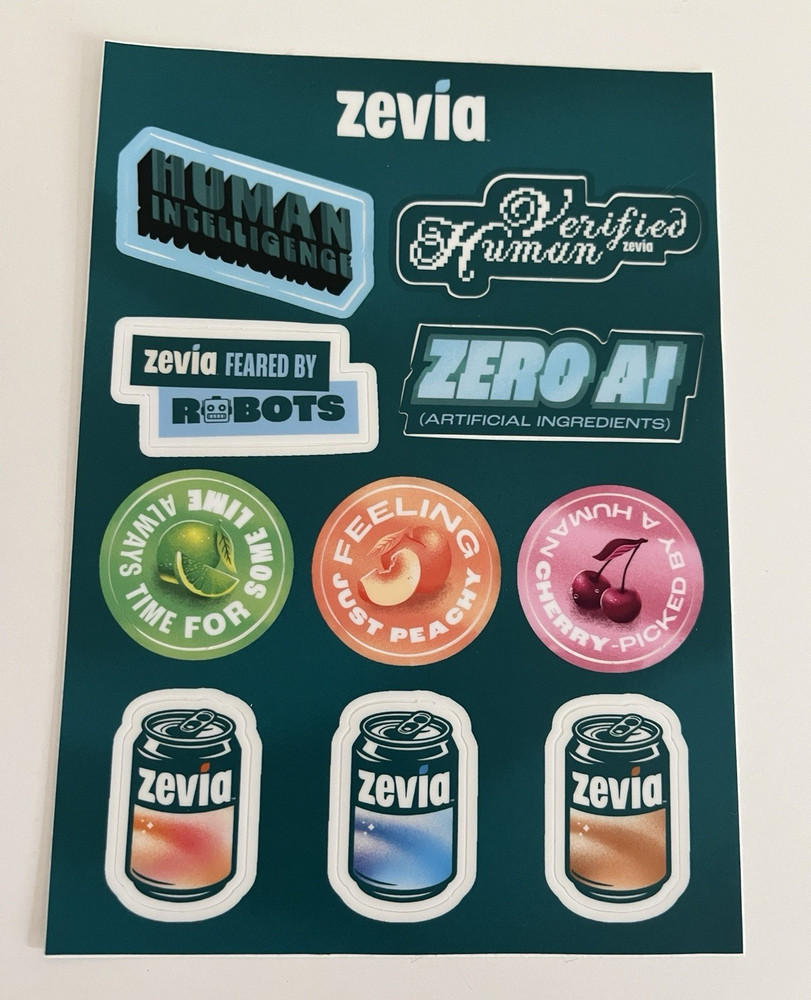 Zevia Soda Promotional Sticker Sheet 5×7” Human Intelligence Verified Human