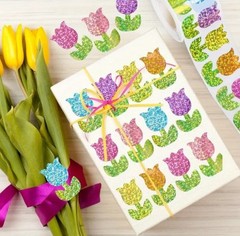 500 pcs Sticker Seals Roll Glitter Foil Floral Tulips Design Self Adhesive NEW
