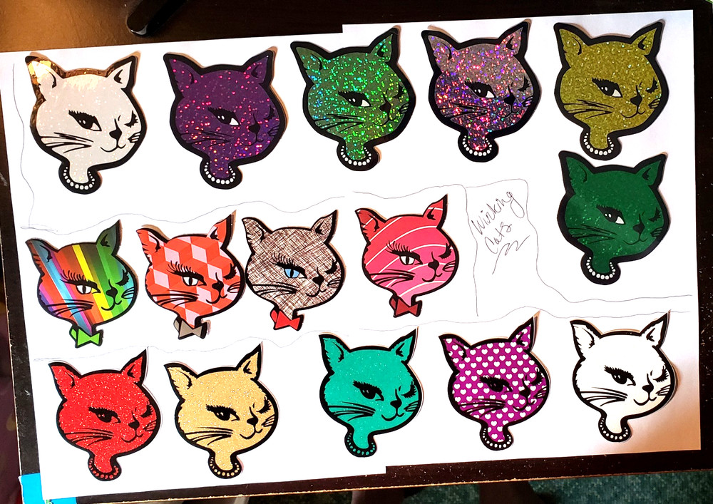 WINKING CATS 15 VENDING STICKERS *CHOOSE ONE* GLITTER VINYL ICONIC RETRO