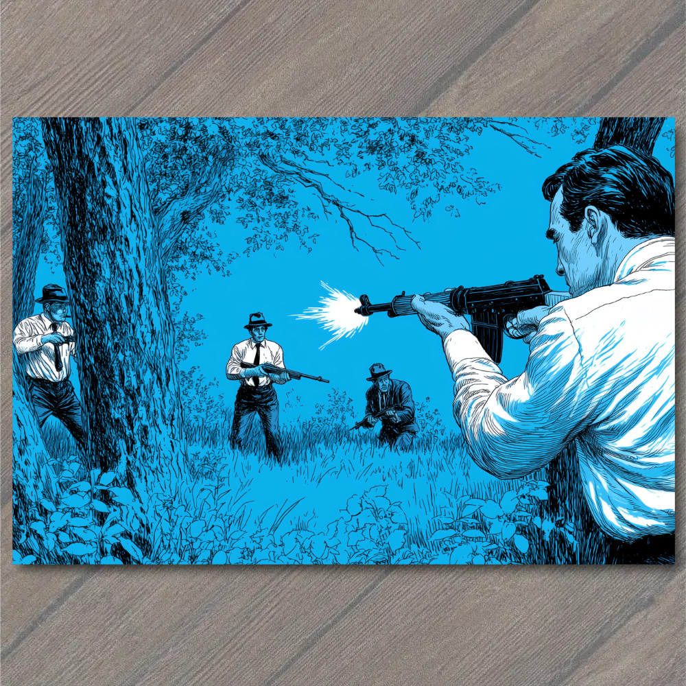STICKER Blue Forest Men Guns Drawn Intense Shootout Retro Noir Style Surreal