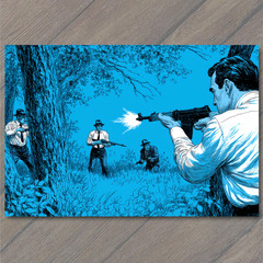 STICKER Blue Forest Men Guns Drawn Intense Shootout Retro Noir Style Surreal