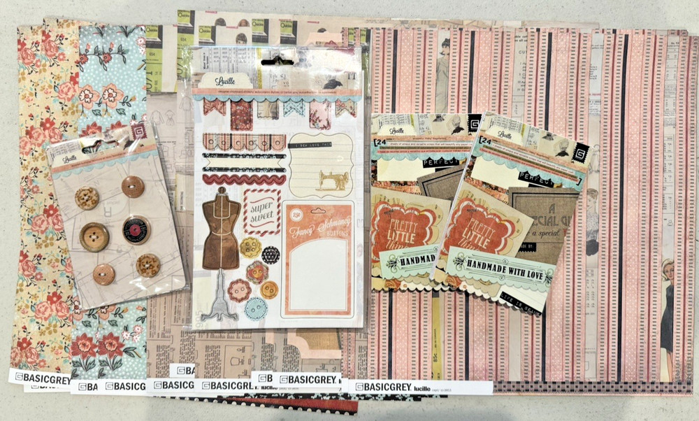 Basic Grey Lucille Scrapbook LOT 12 X 12 Paper Chipboard, Snippets & Buttons