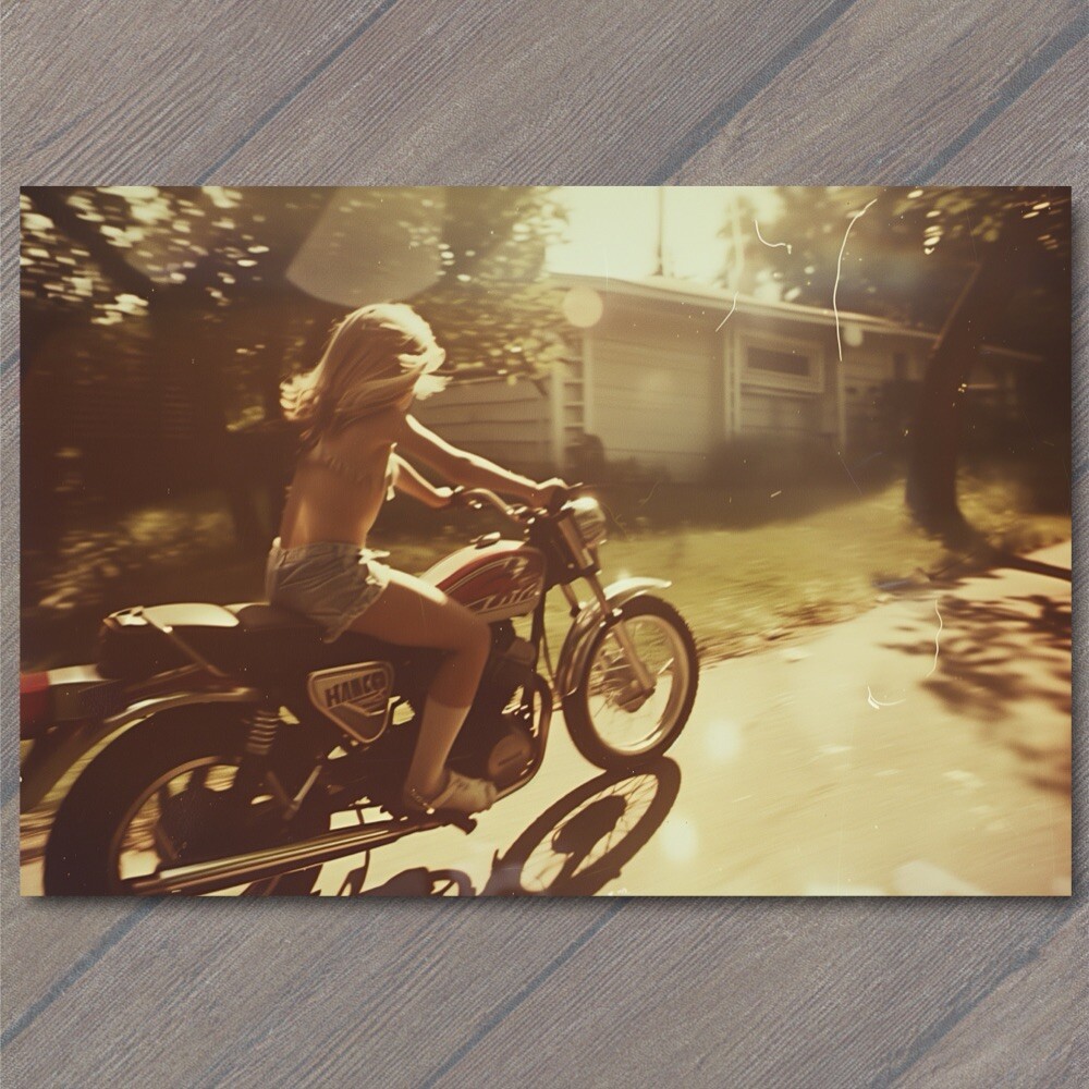 STICKER Young Girl On Motorcycle Cute Beautiful 70s Vibe Photo Funny 1970s