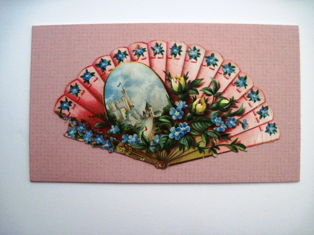 Precious Little 1800’s Die Cut of Fan w/ Flowers and Castle *