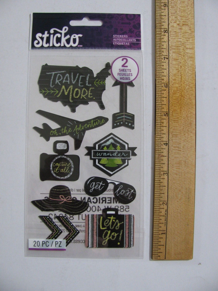 Sticko Stickers CHALK TRAVEL USA Plane Luggage Phrases 2 Sheets NIP