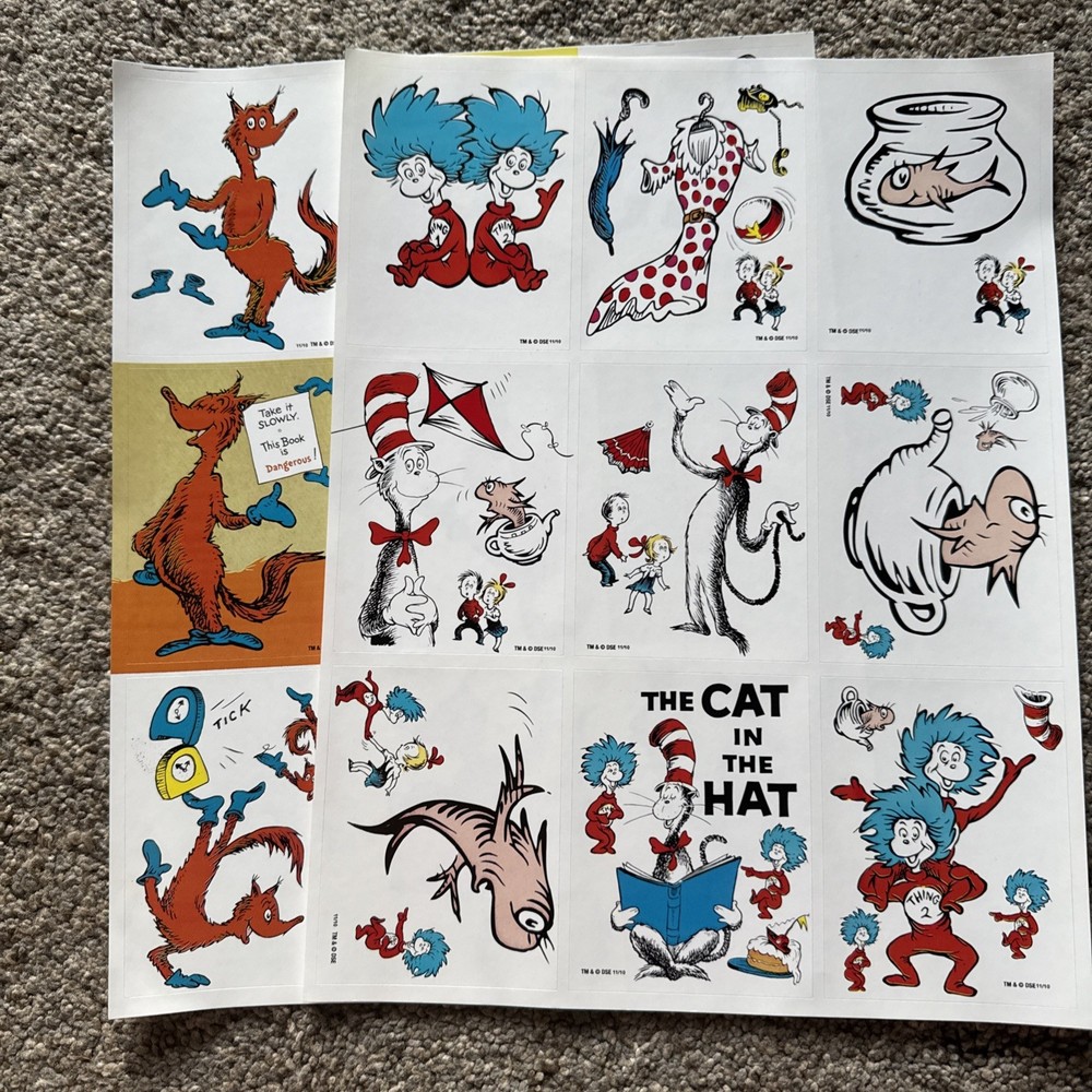 RARE! Dr. Seuss CAT IN THE HAT & FOX in SOCKS Stickers 2 Complete Sheets 8.5×11