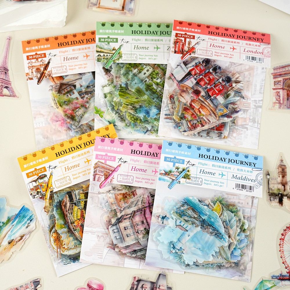 Journey Travel Buildings PET Stickers 30Pcs Journals Planner Decorative Collage