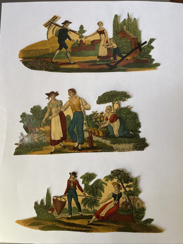 Vintg French Renaissance Style Cut Out Scraps Couples in Countryside – France