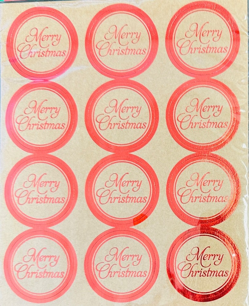 3 sheets Merry Christmas RED Foil Kraft Paper Stickers Envelope Seals Crafts