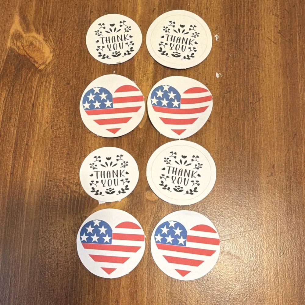 Thank You and American Flag Heart Round Stickers, White Red Blue Black (8 pcs)