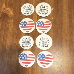Thank You and American Flag Heart Round Stickers, White Red Blue Black (8 pcs)